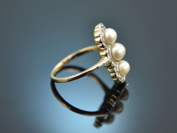 Around 1910! Historic ring with pearls and old-cut diamonds, gold 585