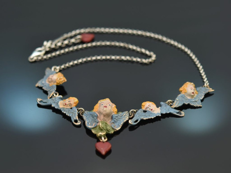 iennese bronze around 1910! Rare putti necklace hand-painted with silver chain