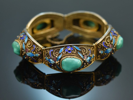 China around 1960! Decorated filigree bracelet with turquoise and enamel silver-gilt