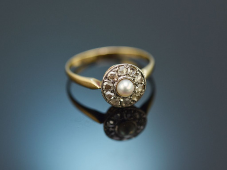 Um 1900! Antiker Ring mit Naturperle und Diamantrosen Gold 585 und Platin