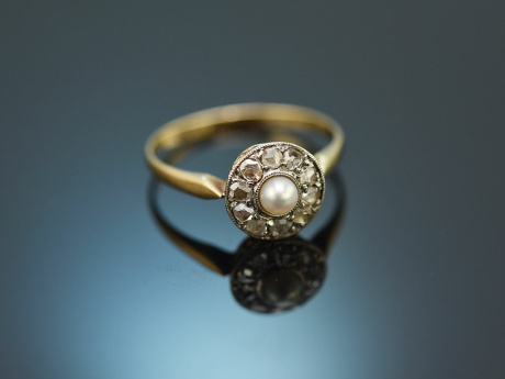 Around 1900! Antique ring with natural pearl and diamond roses gold 585 and platinum