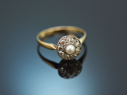 Um 1900! Antiker Ring mit Naturperle und Diamantrosen Gold 585 und Platin