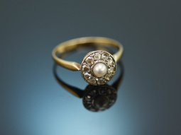 Um 1900! Antiker Ring mit Naturperle und Diamantrosen Gold 585 und Platin