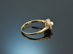 Um 1900! Antiker Ring mit Naturperle und Diamantrosen Gold 585 und Platin