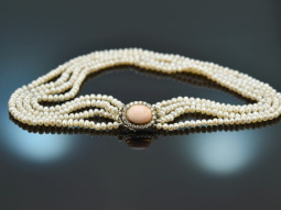 Around 1990! Fine cultured pearl choker necklace angel skin coral diamonds white gold 750