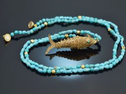 Around 1970! Filigree fish pendant with turquoise chain,...
