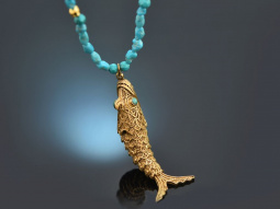 Around 1970! Filigree fish pendant with turquoise chain,...
