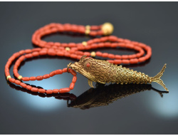 Around 1970! Filigree fish pendant with coral chain,...