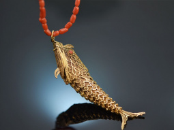 Around 1970! Filigree fish pendant with coral chain, gold-plated silver