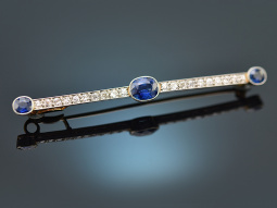 Around 1910! Elegant bar brooch with sapphires and diamonds, gold 585 and platinum