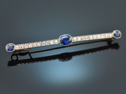 Around 1910! Elegant bar brooch with sapphires and diamonds, gold 585 and platinum