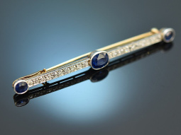 Around 1910! Elegant bar brooch with sapphires and diamonds, gold 585 and platinum