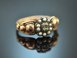 Around 1890! Historic ring with light emerald and seed pearls gold 585