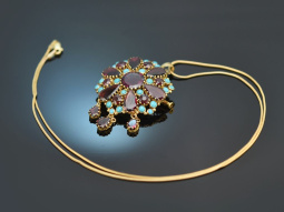 France around 1910! Pendant/brooch with chain garnet and turquoise 750 gold