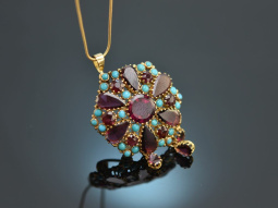 France around 1910! Pendant/brooch with chain garnet and turquoise 750 gold