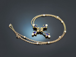 Cross pendant with chain pearls ornamental enamel diamonds and sapphire in 750 gold