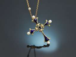 Cross pendant with chain pearls ornamental enamel diamonds and sapphire in 750 gold