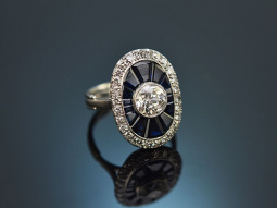 Circa 1920! Exquisite Art Deco ring with diamond approx. 1.2 ct and sapphires in platinum