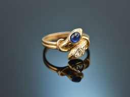 Around 1910! Snake ring with rose-cut diamonds and sapphire in 585 gold