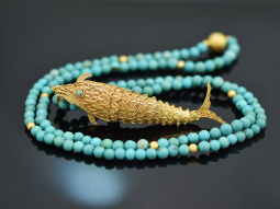 Around 1970! Filigree fish pendant with long turquoise...