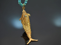 Around 1970! Filigree fish pendant with long turquoise...