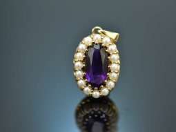 Around 1980! Amethyst pendant with seed pearls in 585 gold