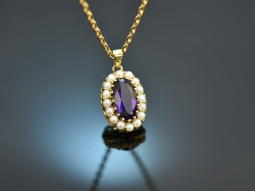 Around 1980! Amethyst pendant with seed pearls in 585 gold