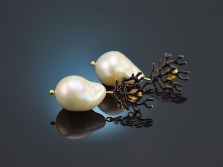 Korallen Riff! Schicke Ohrringe barocke Zuchtperlen schwarzes Emaille Silber 925