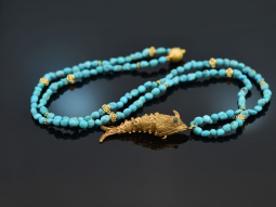 Around 1970! Filigree fish pendant with long turquoise...
