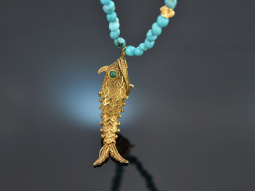 Around 1970! Filigree fish pendant with long turquoise...