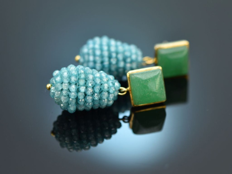 Sea Vibes! Tropfen Ohrringe mit blauem Zirkon und gr&uuml;nem Achat Silber 925 vergoldet