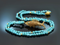 Around 1970! Filigree fish pendant with long turquoise...