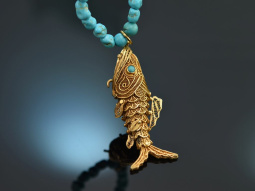 Around 1970! Filigree fish pendant with long turquoise...