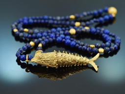 Circa 1970! Delicate fish pendant with long lapis lazuli...