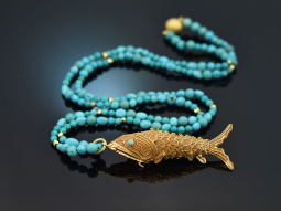 Around 1970! Filigree fish pendant with long turquoise...