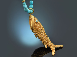 Around 1970! Filigree fish pendant with long turquoise...