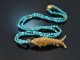 Around 1970! Filigree fish pendant with long turquoise chain, gold-plated silver