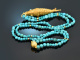 Around 1970! Filigree fish pendant with long turquoise chain, gold-plated silver