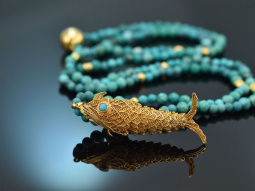 Around 1970! Filigree fish pendant with long turquoise...
