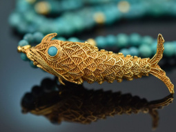 Around 1970! Filigree fish pendant with long turquoise...