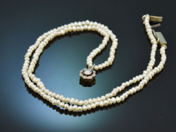 Um 1915! Zarte Saatperlenkette mit Diamantanh&auml;nger...