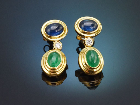 Nuremberg around 1985! Fine earrings with sapphires emeralds and diamonds in 750 gold