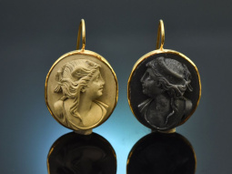 Around 1870! Large lava cameo earrings in gold-plated silver