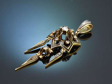 Wien um 1880! Historischer Anh&auml;nger mit Diamanten und schwarzem Email aus Gold 585