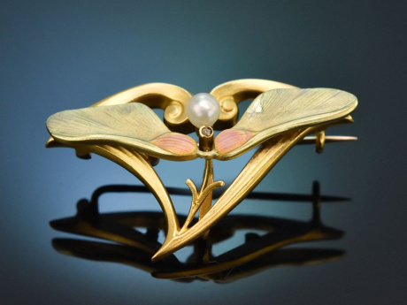 S&uuml;ddeutsch um 1900! Feine Jugendstil Brosche oder Anh&auml;nger mit Email Orientperle und Diamant aus Gold 585