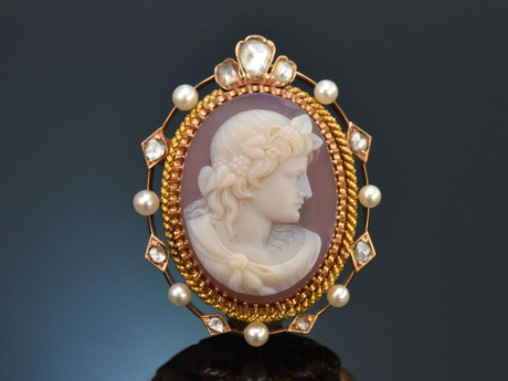 Um 1880! Historische Brosche mit Achat Kamee Diamantrosen und Saatperlen aus Gold 585