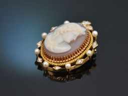 Um 1880! Historische Brosche mit Achat Kamee Diamantrosen...