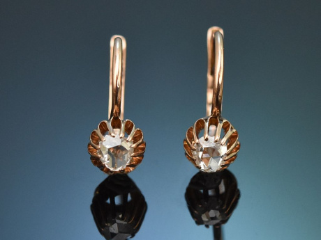 M&uuml;nchen um 1900! H&uuml;bsche Dormeuse Ohrringe mit Diamant Rosen aus Rotgold 585