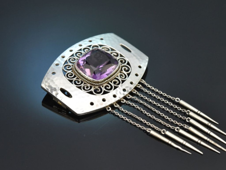 M&uuml;nchen um 1900! Seltene Jugendstil Brosche mit Amethyst aus Silber 800
