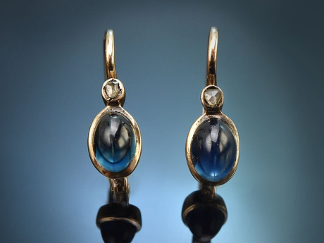 Salzburg around 1905! Earrings with sapphires and diamond roses in rose gold 585 with case
